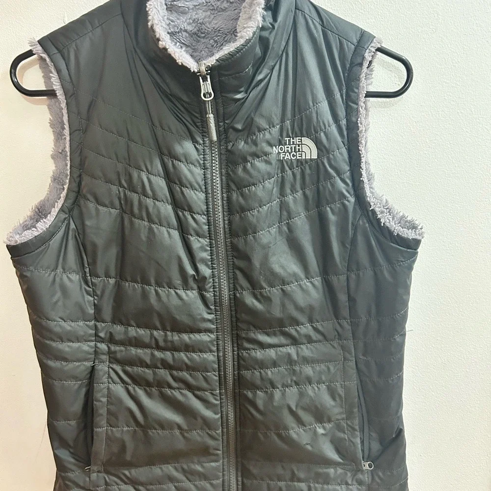 The‎ North Face Womens Reversible Puffer Vest Black Gray Fleece Insulated Size S